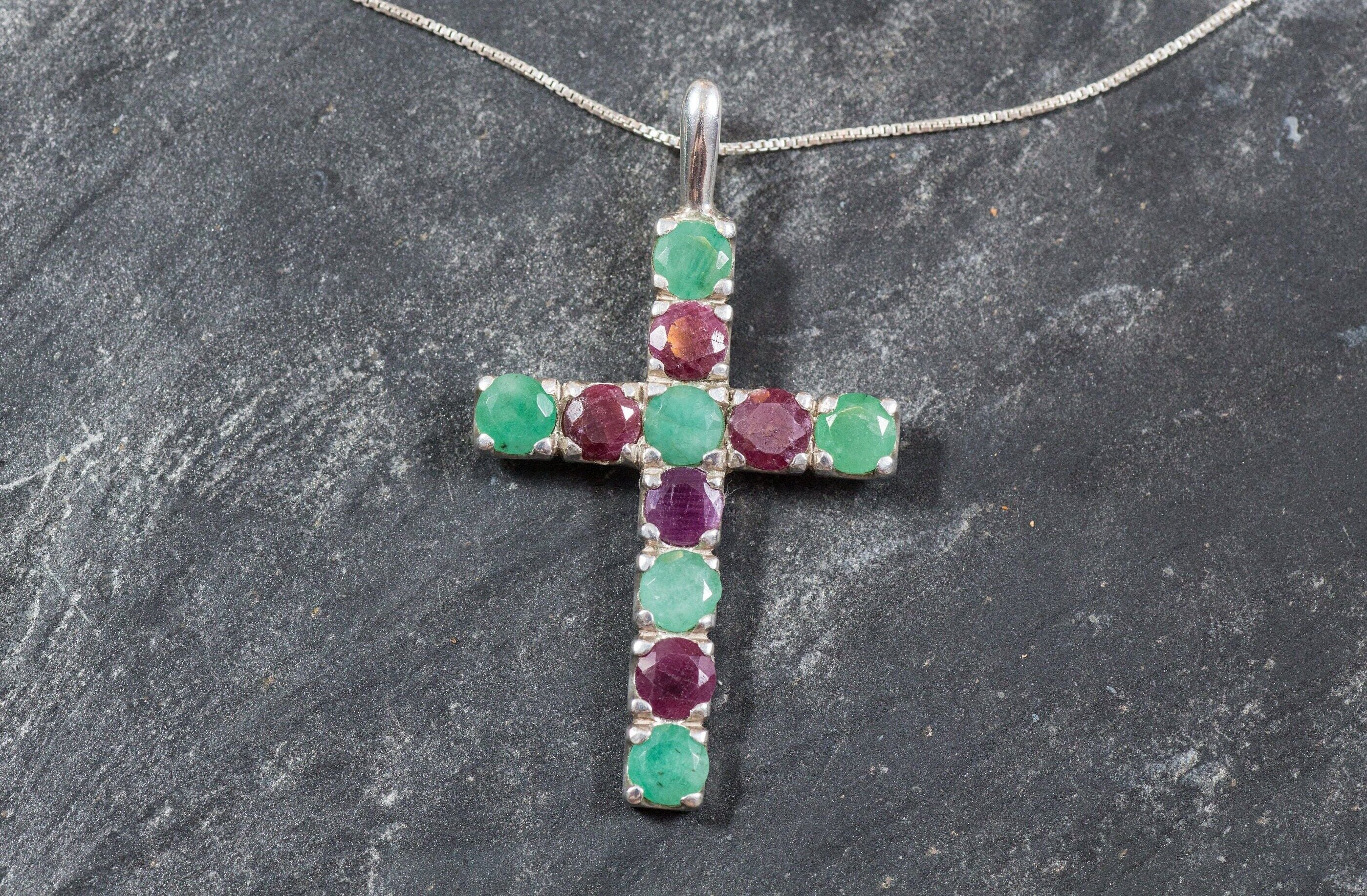 Cross Pendant, Emerald Pendant, Ruby Pendant, May Birthstone, Multistone Pendant, July Birthstone, Solid Silver Pendant, Unique Pendant