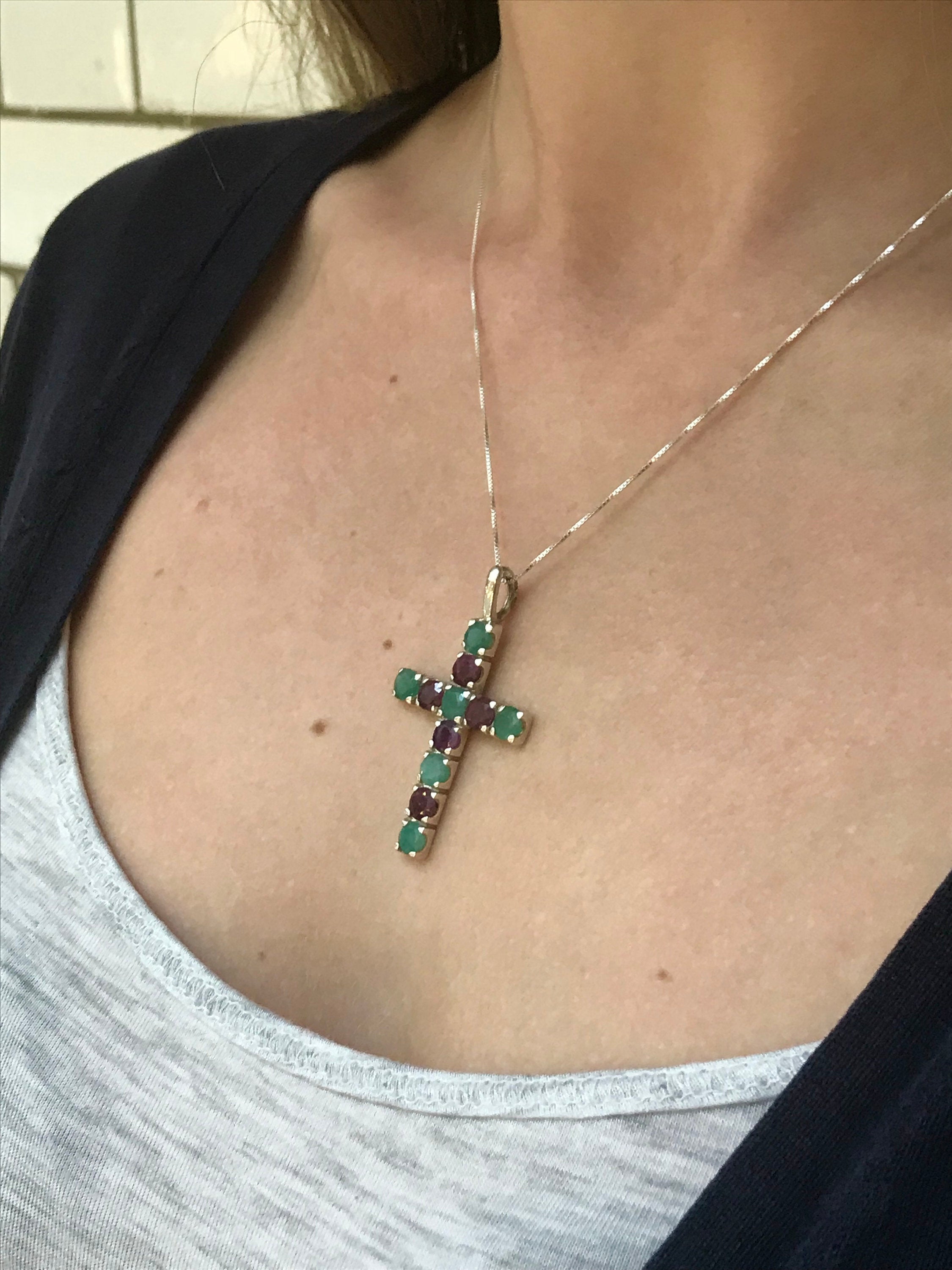 Cross Pendant, Emerald Pendant, Ruby Pendant, May Birthstone, Multistone Pendant, July Birthstone, Solid Silver Pendant, Unique Pendant