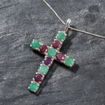 Cross Pendant, Emerald Pendant, Ruby Pendant, May Birthstone, Multistone Pendant, July Birthstone, Solid Silver Pendant, Unique Pendant