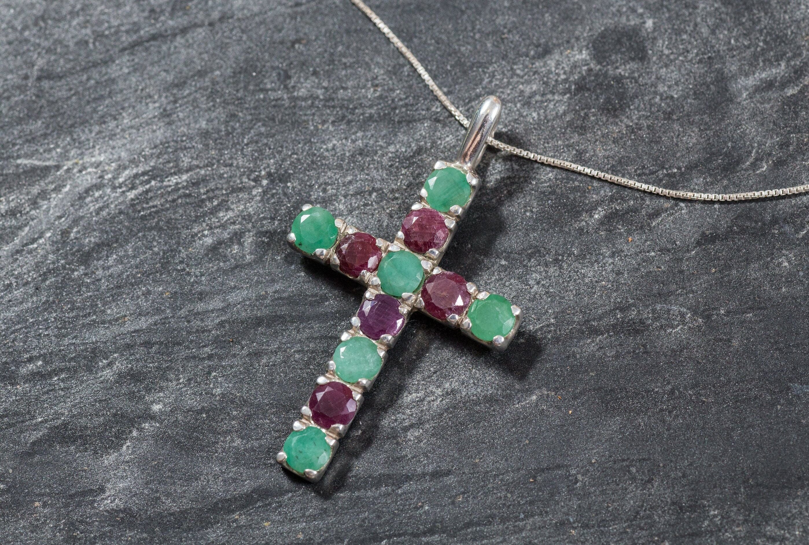 Cross Pendant, Emerald Pendant, Ruby Pendant, May Birthstone, Multistone Pendant, July Birthstone, Solid Silver Pendant, Unique Pendant