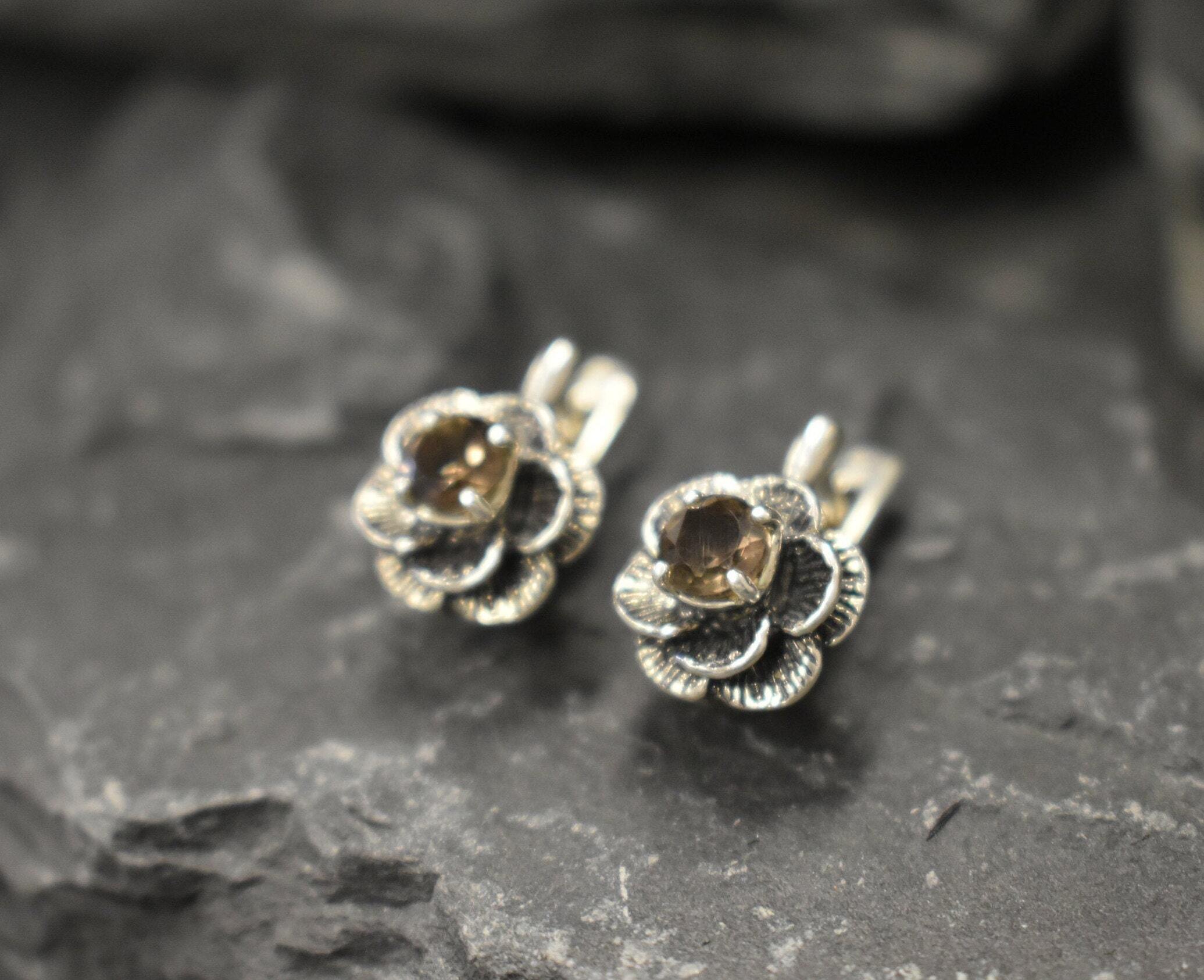 Smoky Topaz Earrings, Topaz Earrings, Natural Topaz, December Birthstone, Flower Earrings, Silver Floral Studs, Brown Floral Studs, Topaz