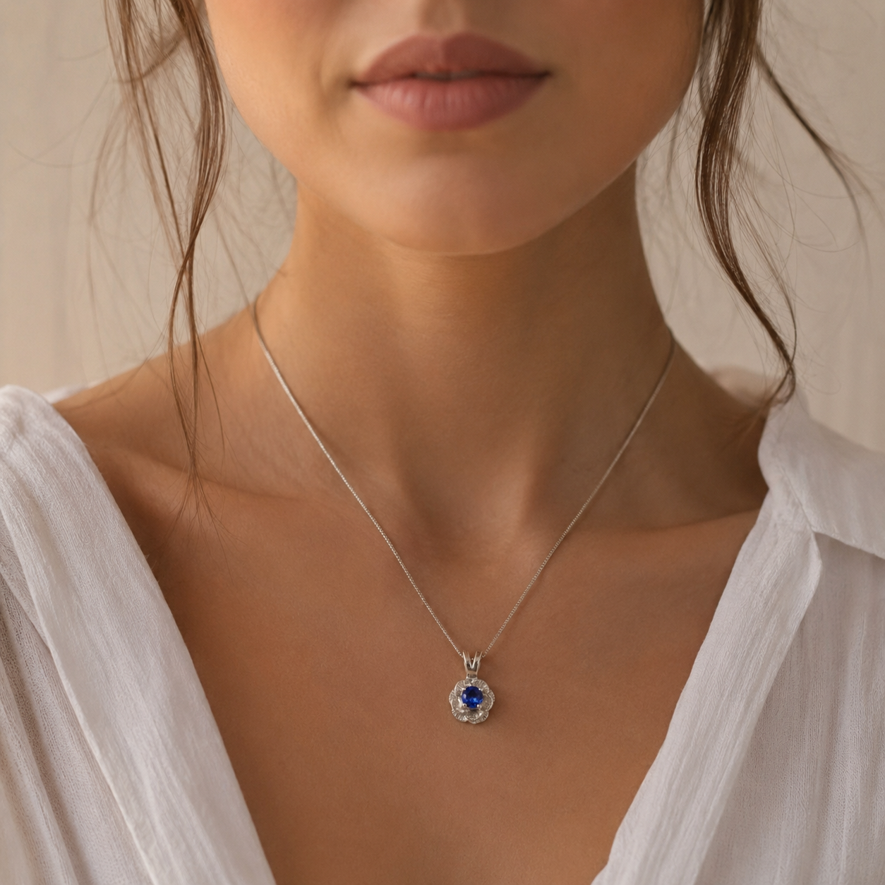 Elegant Sapphire Pendant in 925 Sterling Silver, featuring Round Created Blue Sapphire, perfect for birthdays and special occasions.