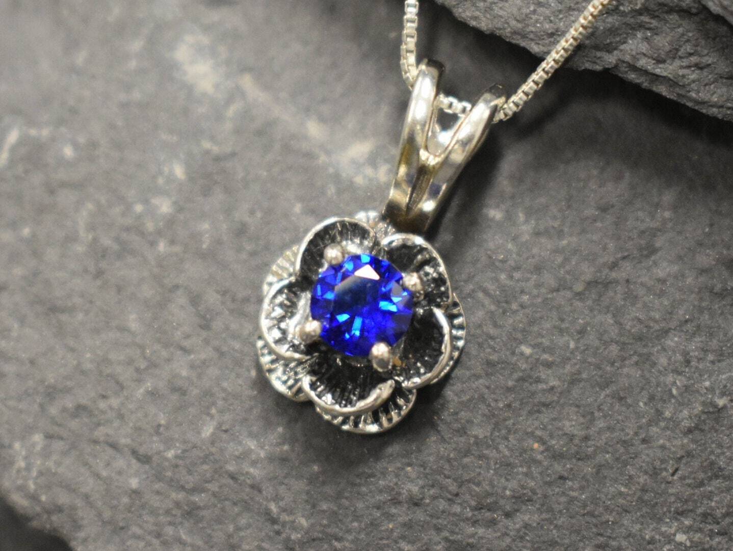 Created Sapphire Pendant made in 925 Sterling Silver with Round Created Blue Sapphire in Prong setting, September Birthstone gift idea, symbolizes sincerity, truth, and faithfulness, ideal for everyday wear and perfect for birthday gifting and special occasions.
