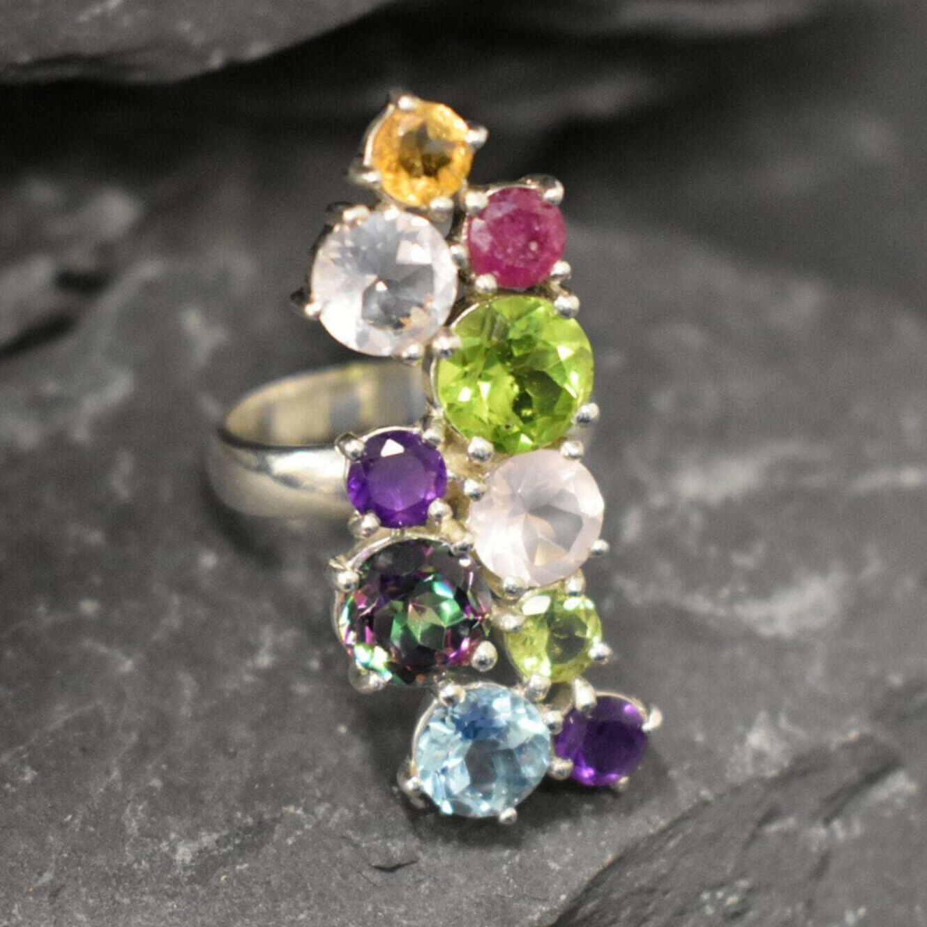 Multistone Topaz Ring, Gemstone Ring, Long Ring, Statement Ring, Colorful Ring, Birthstone Ring, Solid Silver Ring, Rose Quartz, Peridot
