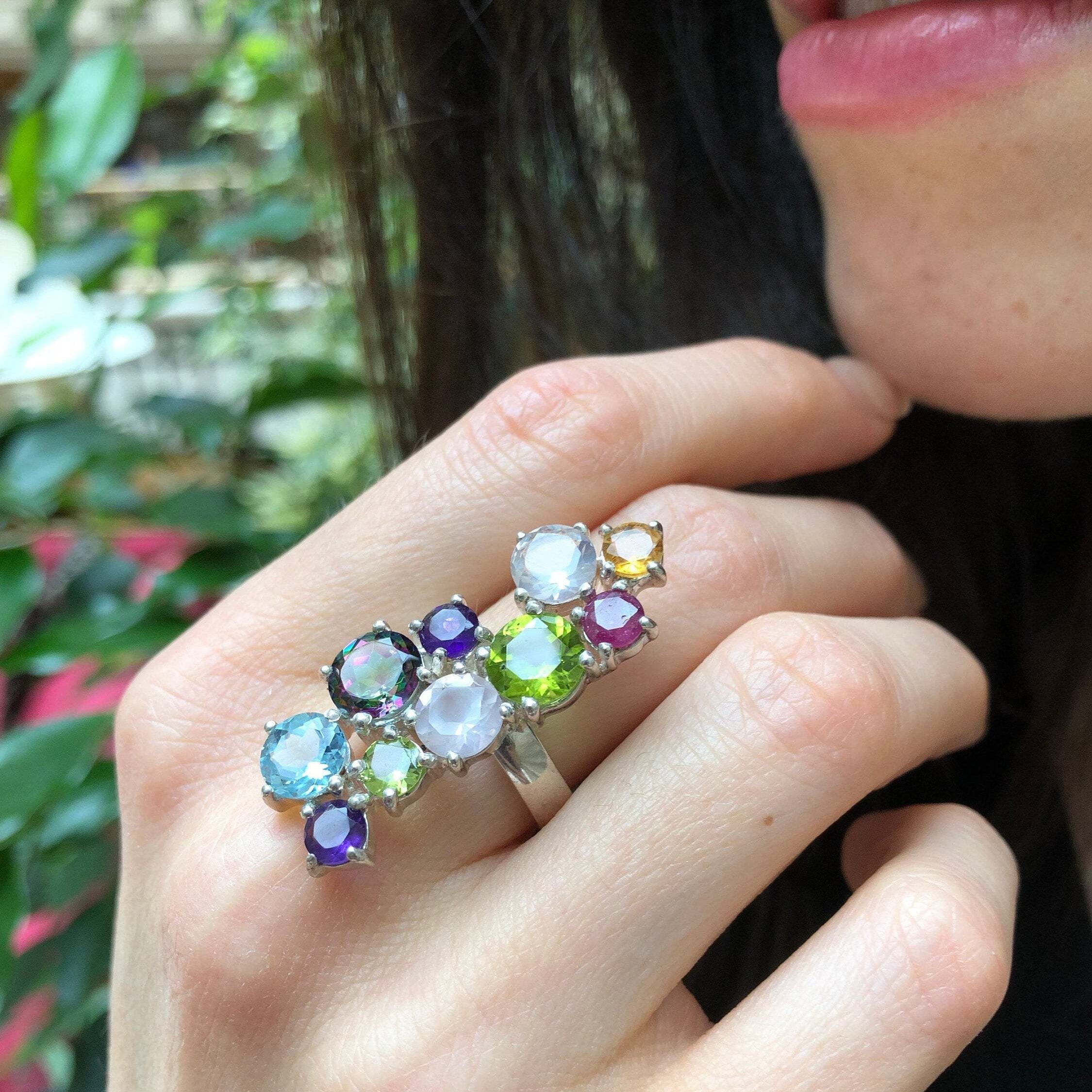 Multistone Topaz Ring, Gemstone Ring, Long Ring, Statement Ring, Colorful Ring, Birthstone Ring, Solid Silver Ring, Rose Quartz, Peridot