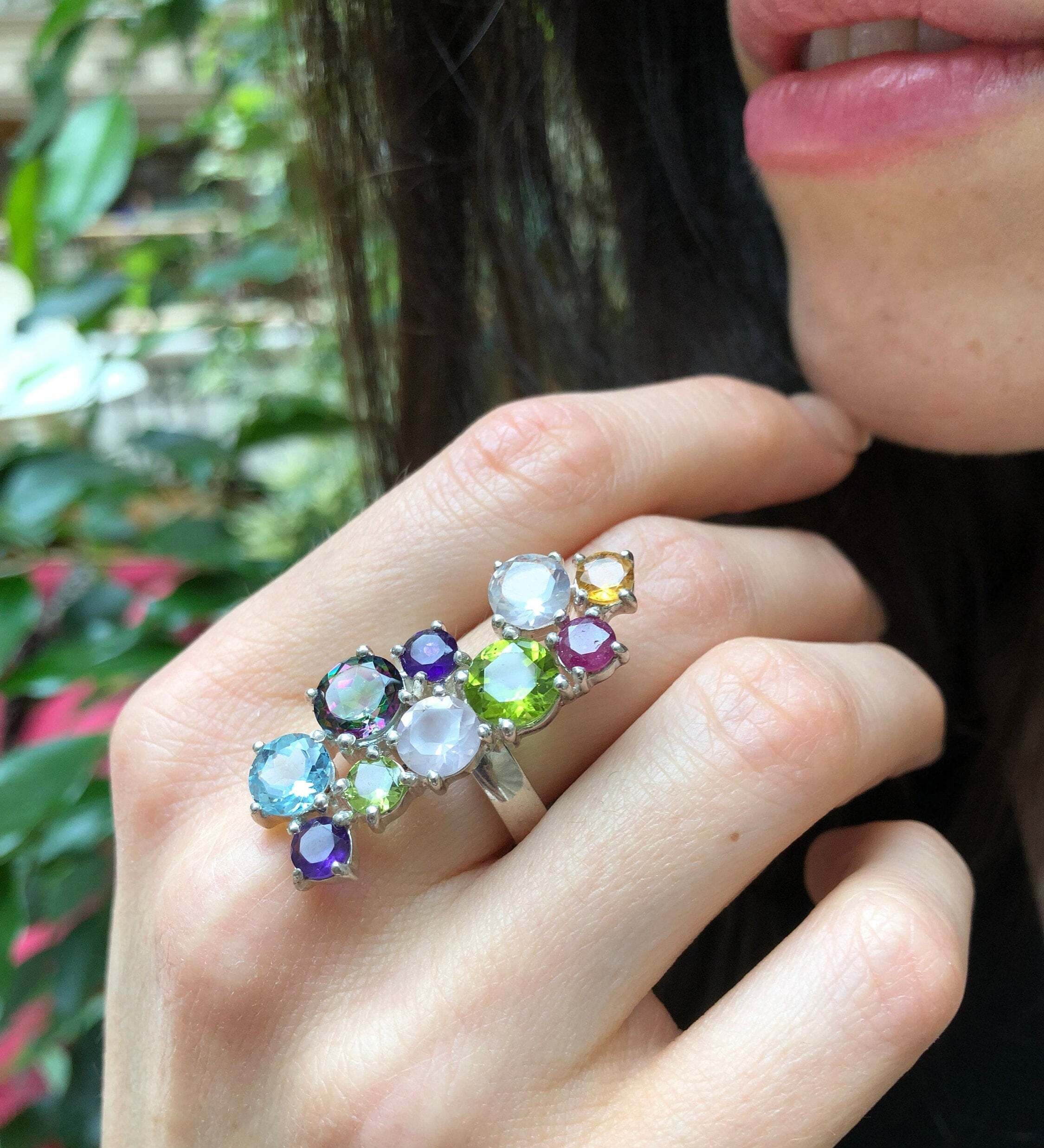 Multistone Topaz Ring, Gemstone Ring, Long Ring, Statement Ring, Colorful Ring, Birthstone Ring, Solid Silver Ring, Rose Quartz, Peridot