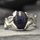 Genuine Sandstone Ring - Dark Blue Ring - Leaf Solitaire Ring