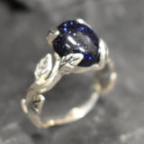 Genuine Sandstone Ring - Dark Blue Ring - Leaf Solitaire Ring