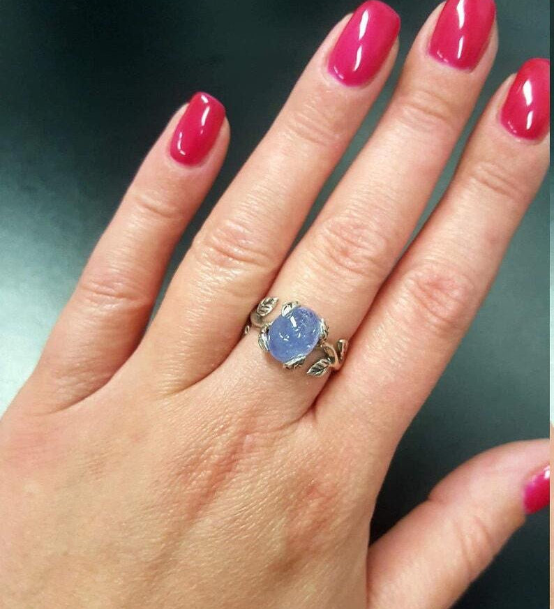 Leaf Ring, Natural Sandstone, Vintage Ring, Flower Ring, Blue Ring, Silver Leaf Ring, Dainty Ring, Blue Sandstone Ring, Solid Silver Ring