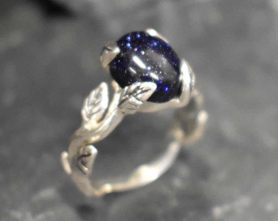 Leaf Ring, Natural Sandstone, Vintage Ring, Flower Ring, Blue Ring, Silver Leaf Ring, Dainty Ring, Blue Sandstone Ring, Solid Silver Ring