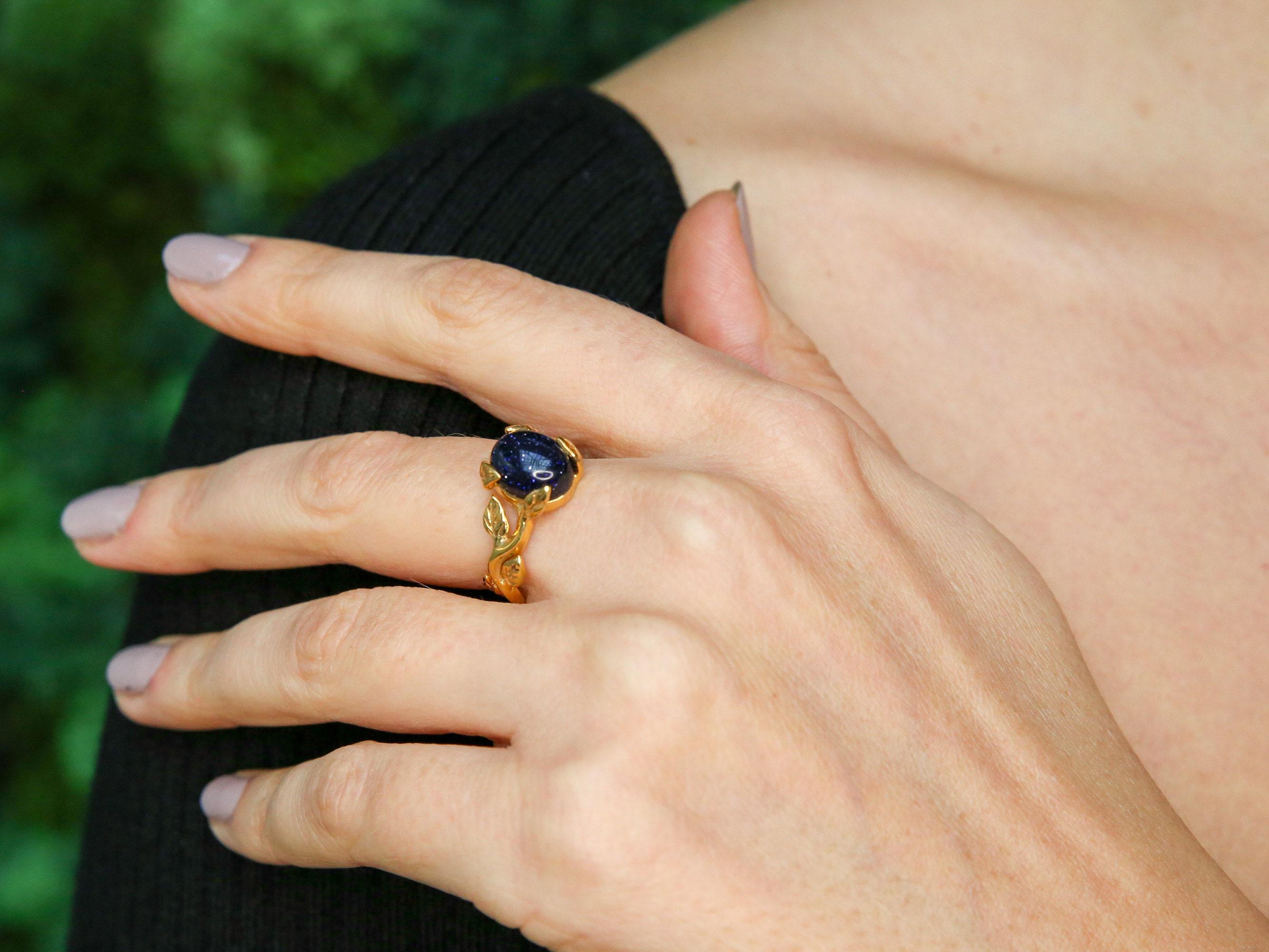 Leaf Ring, Natural Sandstone, Vintage Ring, Flower Ring, Blue Ring, Silver Leaf Ring, Dainty Ring, Blue Sandstone Ring, Solid Silver Ring(1)