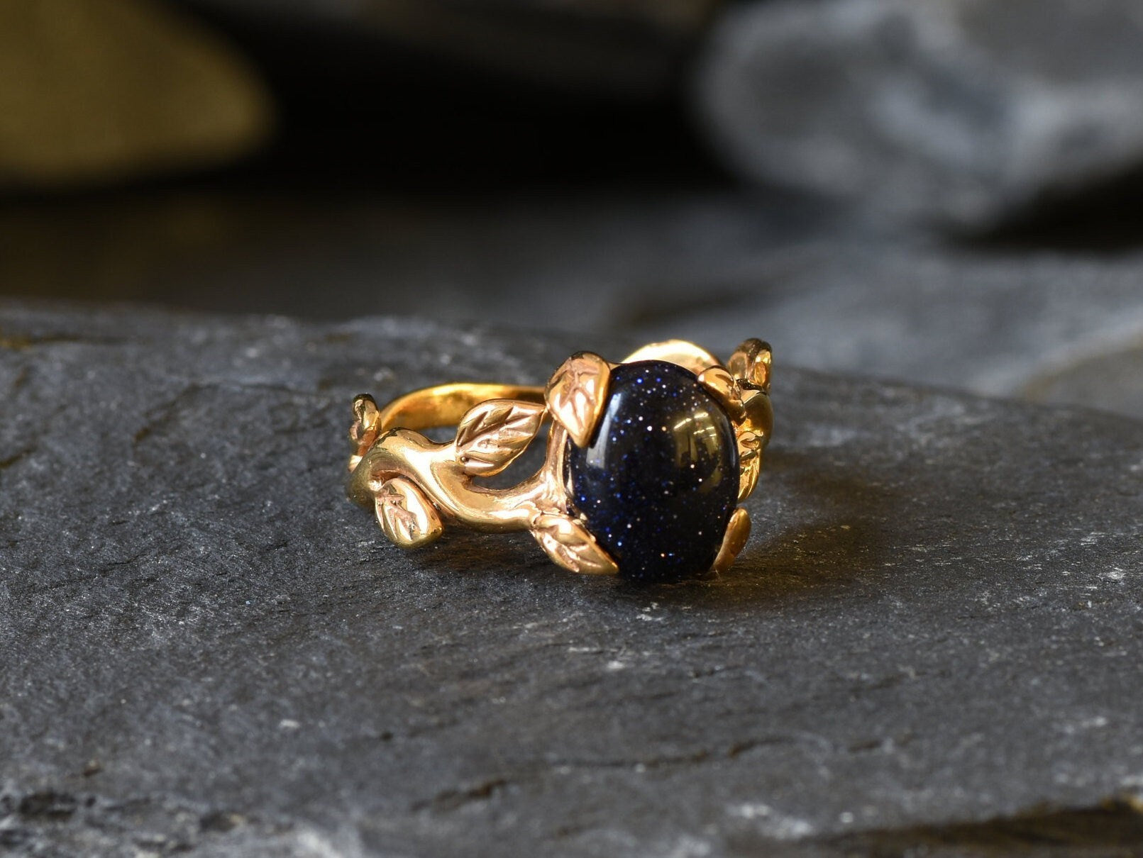 Leaf Ring, Natural Sandstone, Vintage Ring, Flower Ring, Blue Ring, Silver Leaf Ring, Dainty Ring, Blue Sandstone Ring, Solid Silver Ring(1)