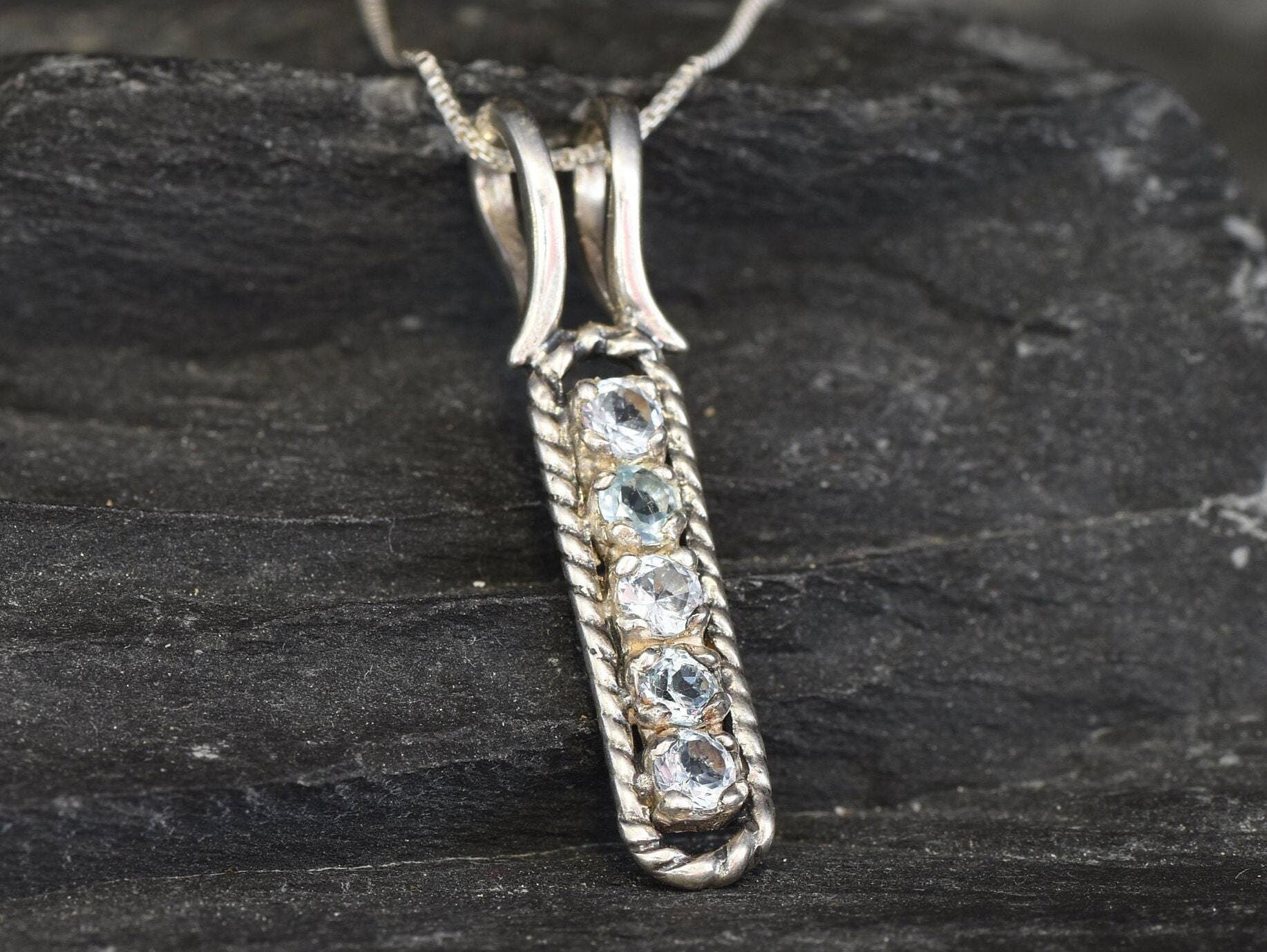 Blue Topaz Pendant, Natural Blue Topaz, December Birthstone, Line Pendant, Vertical Pendant, Blue Pendant, Vintage Pendant, Silver Pendant