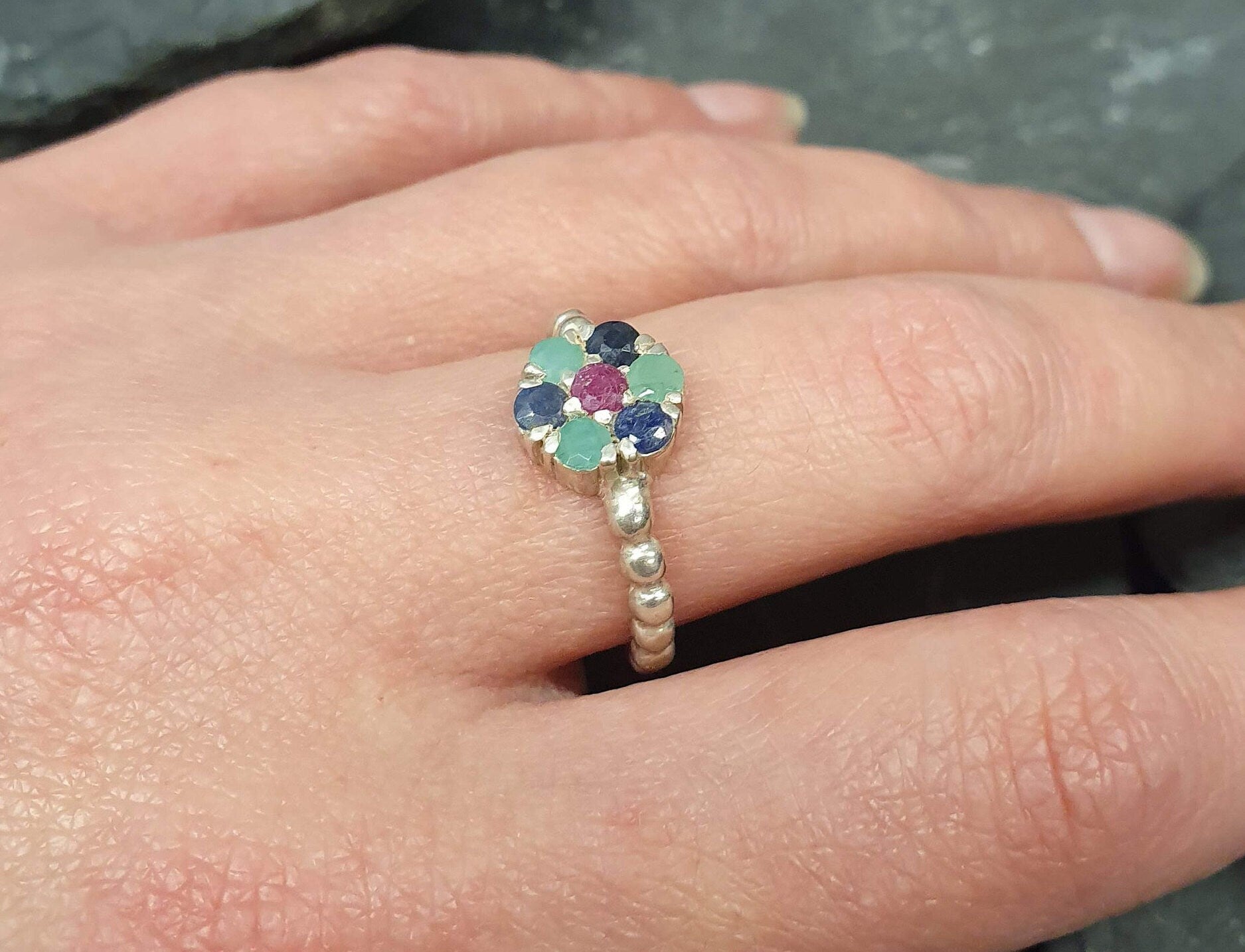 Elegant 925 Sterling Silver ring featuring a round natural green emerald in a stunning cluster design, perfect for May birthdays.