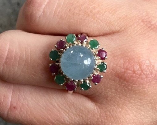 Aquamarine Ring, Natural Aquamarine, March Birthstone, Victorian Ring, Topaz Ring, Multistone Ring, Blue Vintage Ring, Blue Statement Ring