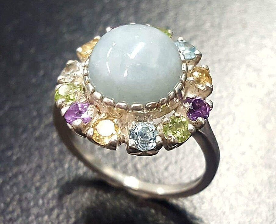Aquamarine Ring, Natural Aquamarine, March Birthstone, Victorian Ring, Topaz Ring, Multistone Ring, Blue Vintage Ring, Blue Statement Ring