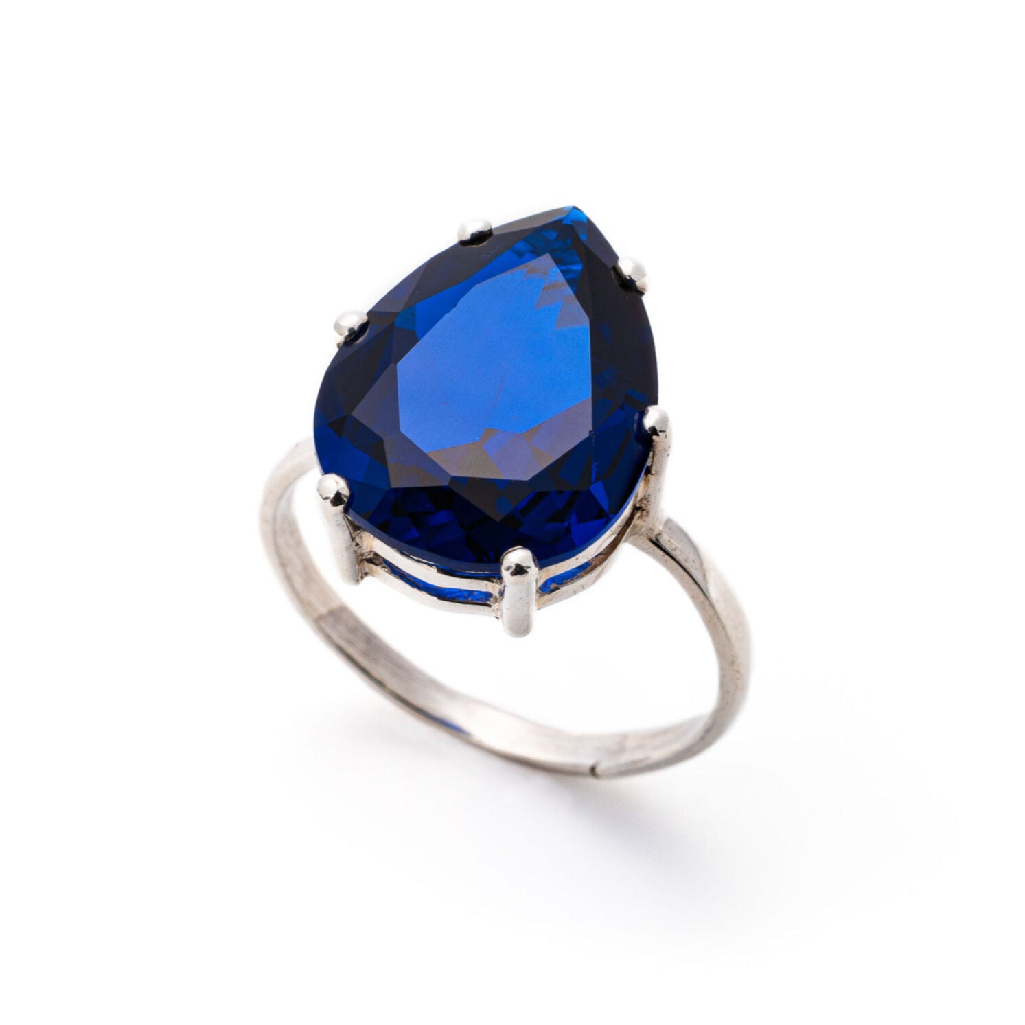 Created Sapphire Ring made in 925 Sterling Silver with Pear Created Blue Sapphire in Prong setting, September Birthstone gift idea, symbolizes sincerity, truth, and faithfulness, ideal for everyday wear and perfect for birthday gifting and special occasions.