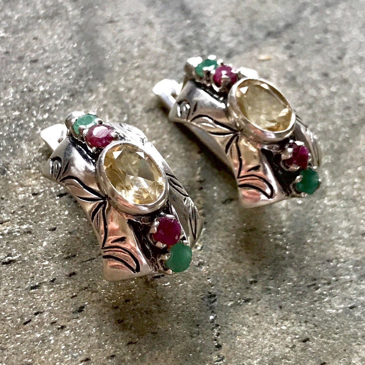 Citrine Earrings, Natural Stones, Vintage Earrings, Statement Earrings, Emerald Earrings, Birthstone, Antique Earrings, Silver Earrings