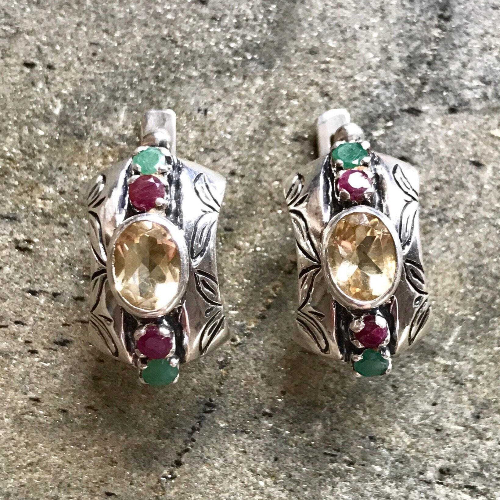 Citrine Earrings, Natural Stones, Vintage Earrings, Statement Earrings, Emerald Earrings, Birthstone, Antique Earrings, Silver Earrings