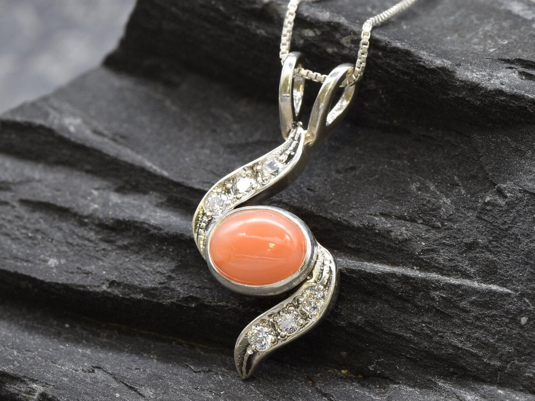 Coral Pendant, Victorian Necklace, Natural Coral, Orange Pendant, Coral Necklace, Antique Necklace, Sterling Silver Pendant, Coral Jewelry