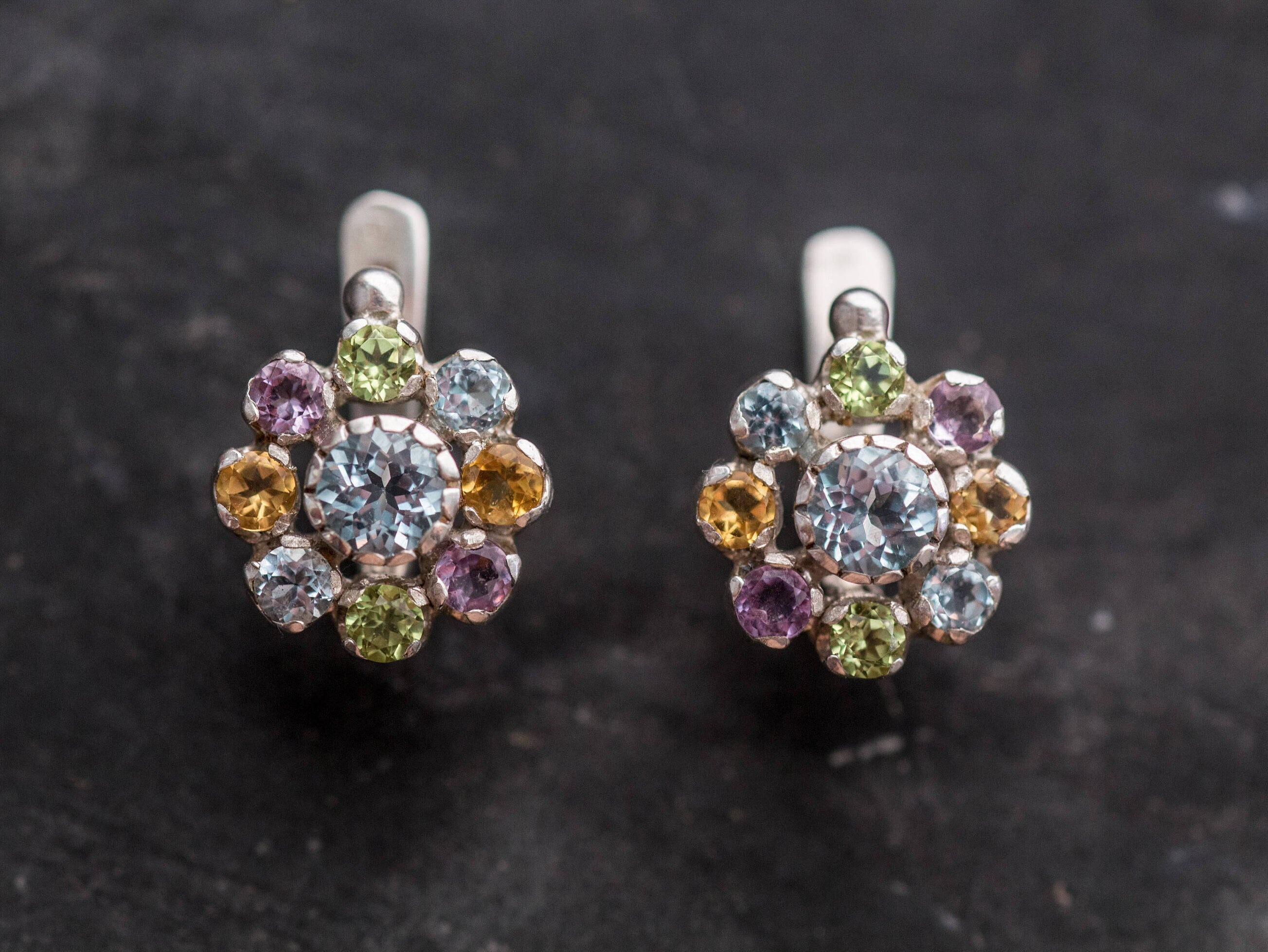Flower Earrings, Topaz Earrings, Blue Topaz Earrings, Vintage Earrings, Birthstone Earrings, Natural Stones, Peridot, Amethyst