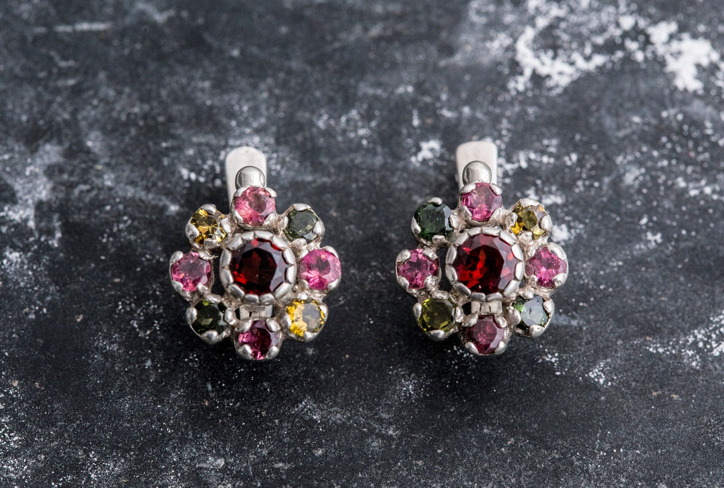 Garnet Earrings, Tourmaline Earrings, Natural Garnet, Natural Tourmaline, Flower Earrings, January Birthstone, Solid Silver Earrings, Garnet