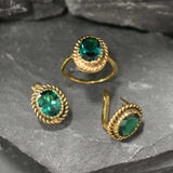 Gold Emerald Earrings - Green Oval Studs, Vintage Emerald Earrings