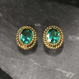 Gold Emerald Earrings - Green Oval Studs, Vintage Emerald Earrings