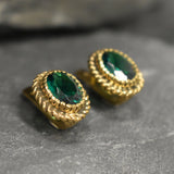 Gold Emerald Earrings - Green Oval Studs, Vintage Emerald Earrings