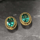 Gold Emerald Earrings - Green Oval Studs, Vintage Emerald Earrings