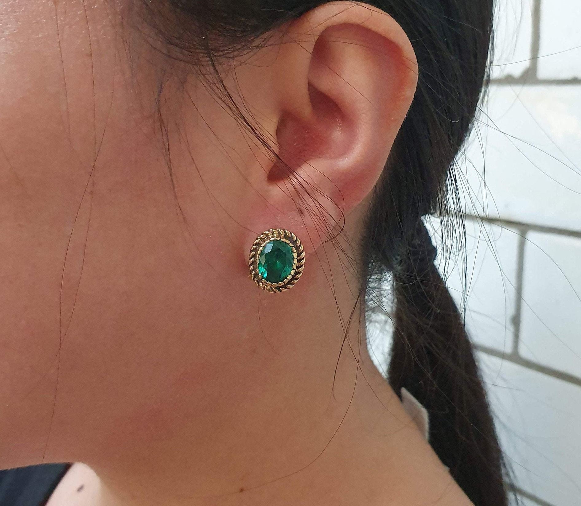 18k Gold Vermeil Emerald Stud Earrings with Oval Created Green Emerald, perfect May birthstone gift for special occasions.