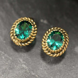 Gold Emerald Earrings - Green Oval Studs, Vintage Emerald Earrings