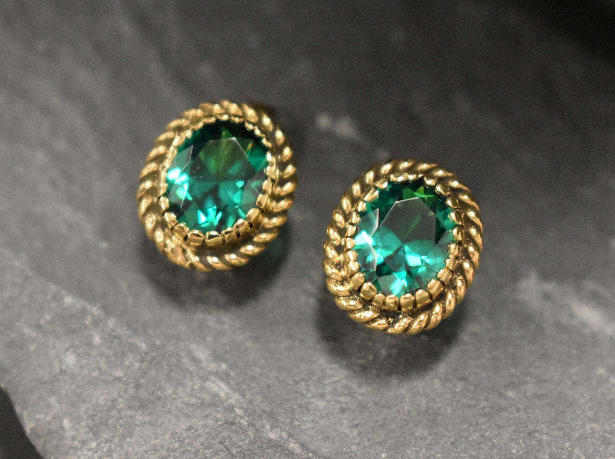 Created Emerald Earrings made in 18k Gold Vermeil with Oval Created Green Emerald in Solitaire setting, May Birthstone gift idea, symbolizes, ideal for everyday wear and perfect for birthday gifting and special occasions.