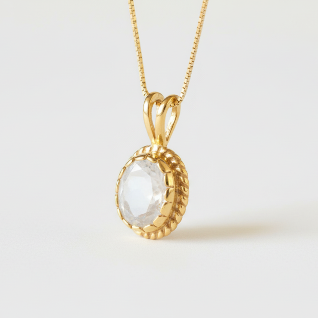 Lovely 18k Gold Vermeil Pendant with Rainbow Moonstone, a timeless piece that adds charm and symbolism to any outfit.