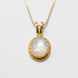 Natural Moonstone Pendant made in 18k Gold Vermeil with Oval Natural Rainbow Moonstone in Solitaire setting, June Birthstone gift idea, symbolizes hope, healing, and protection, ideal for everyday wear and perfect for birthday gifting and special occasions.