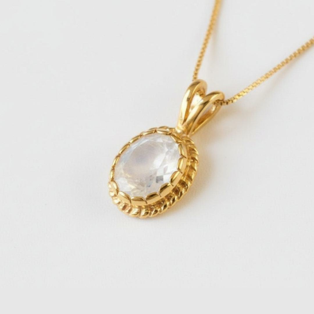 Stunning 18k Gold Vermeil Pendant with Oval Rainbow Moonstone, a versatile piece embodying protection and elegance for any occasion.