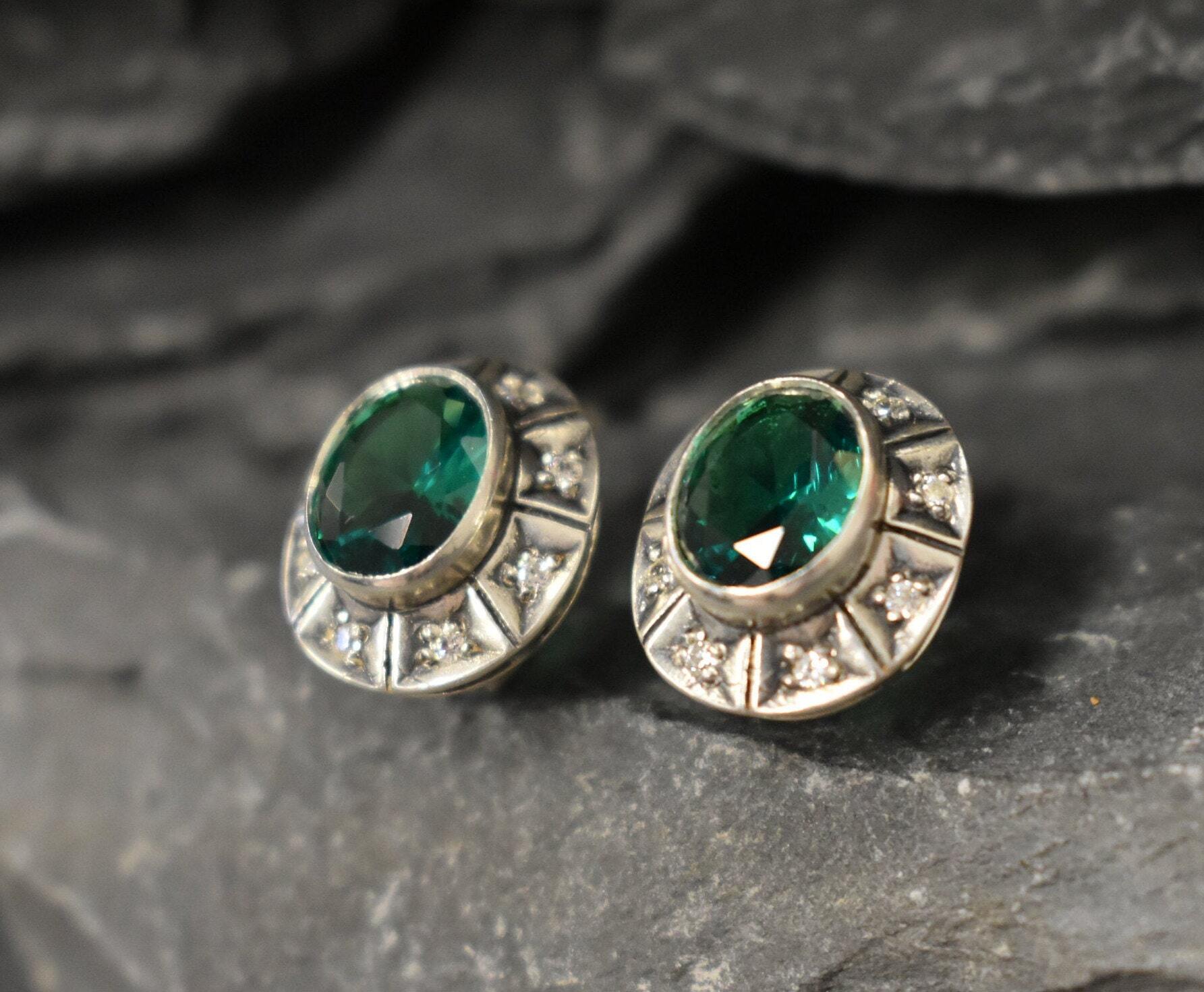 Created Emerald Earrings made in 925 Sterling Silver with Oval Created Green Emerald in Bezel setting, May Birthstone gift idea, symbolizes, ideal for everyday wear and perfect for birthday gifting and special occasions.