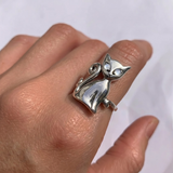 Silver Cat Ring - Rainbow Moonstone Ring - Cat Lover Ring