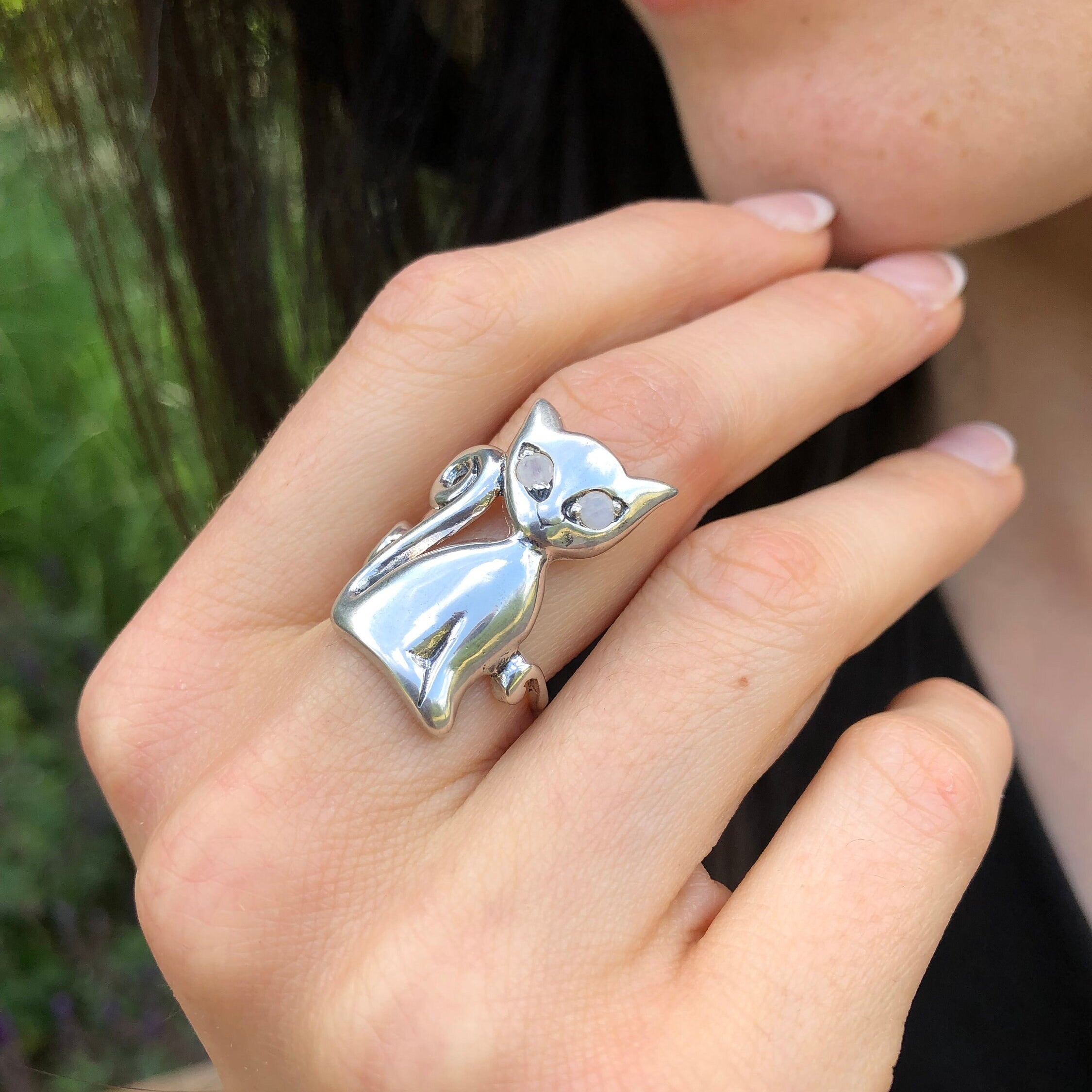 Silver Cat Ring, Natural Rainbow Moonstone, Long Cat Ring, June Birthstone, Kitten Ring, Statement Ring, Animal Ring, Sterling Silver Ring