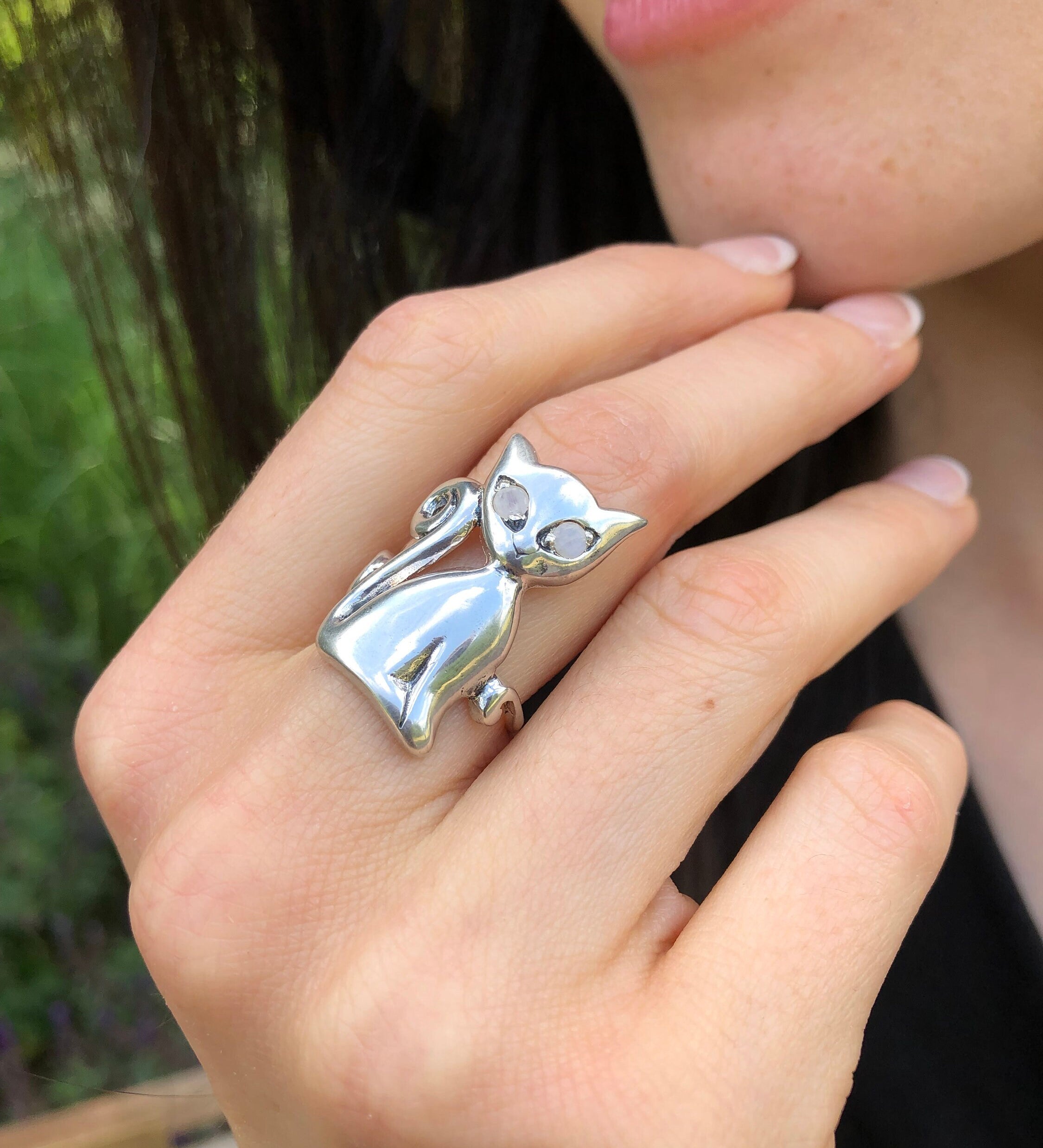 Silver Cat Ring, Natural Rainbow Moonstone, Long Cat Ring, June Birthstone, Kitten Ring, Statement Ring, Animal Ring, Sterling Silver Ring