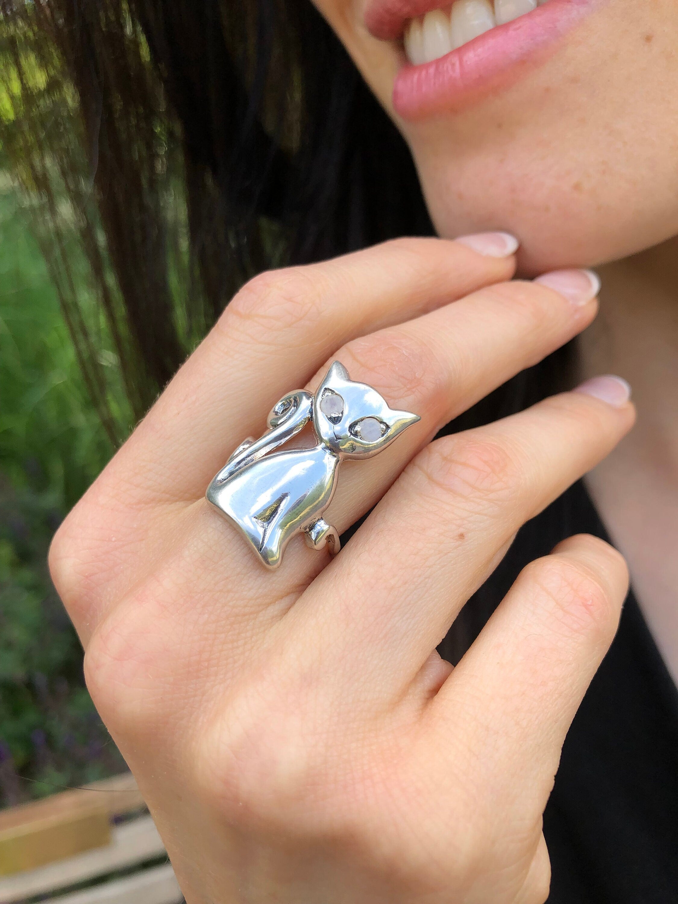 Silver Cat Ring, Natural Rainbow Moonstone, Long Cat Ring, June Birthstone, Kitten Ring, Statement Ring, Animal Ring, Sterling Silver Ring