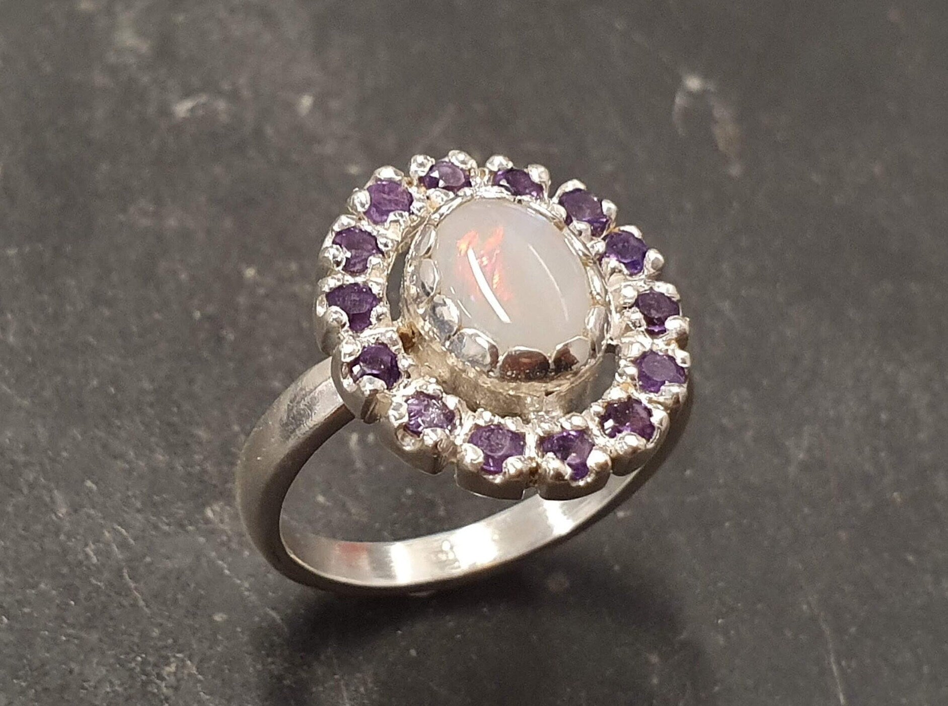 Victorian Opal Ring, Natural Precious Opal, Amethyst Ring, October Birthstone, February Birthstone, Silver Vintage Ring, Solid Silver Ring