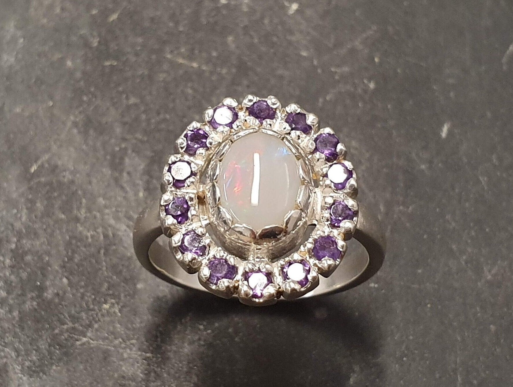 Victorian Opal Ring, Natural Precious Opal, Amethyst Ring, October Birthstone, February Birthstone, Silver Vintage Ring, Solid Silver Ring