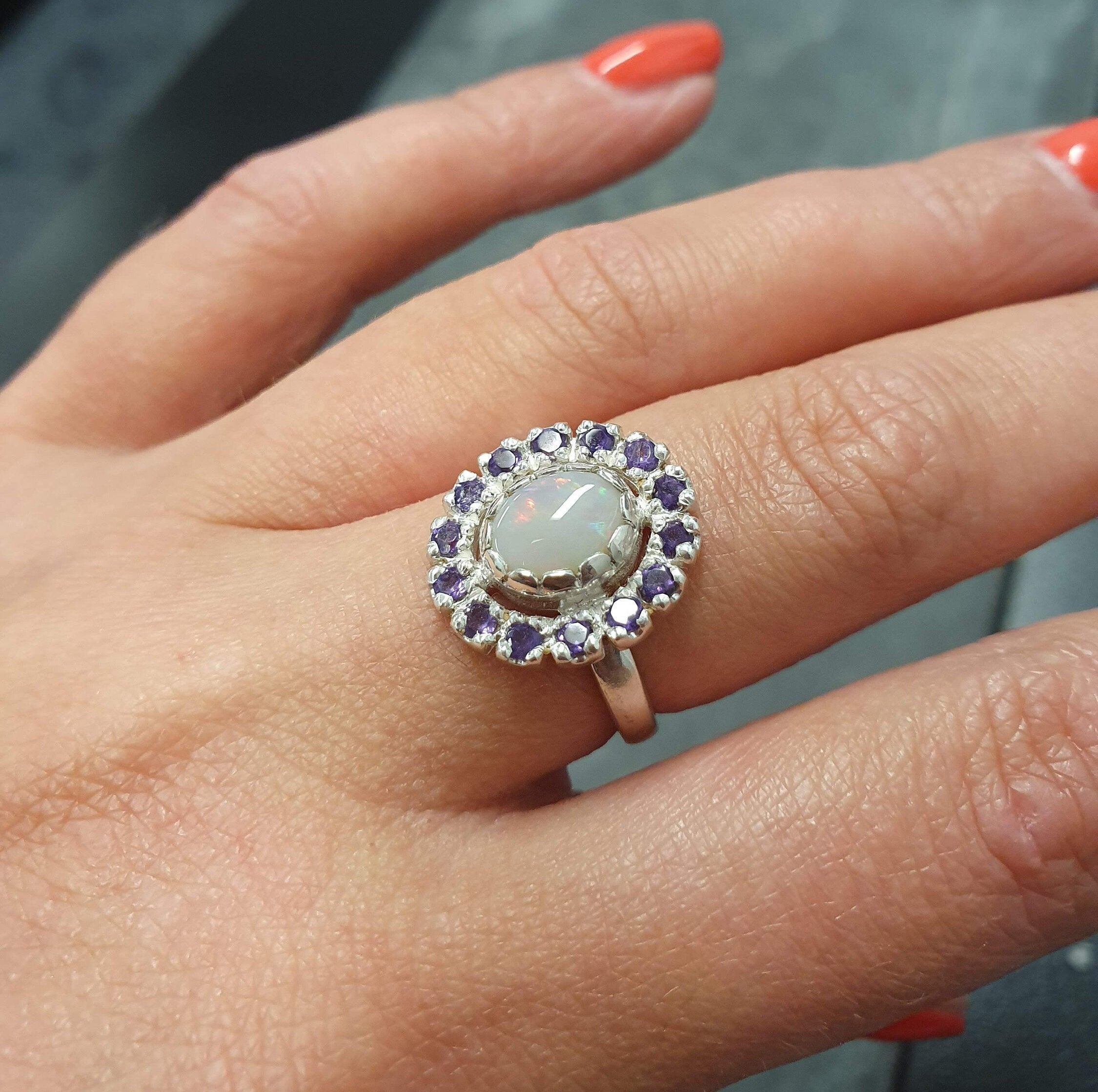 Victorian Opal Ring, Natural Precious Opal, Amethyst Ring, October Birthstone, February Birthstone, Silver Vintage Ring, Solid Silver Ring