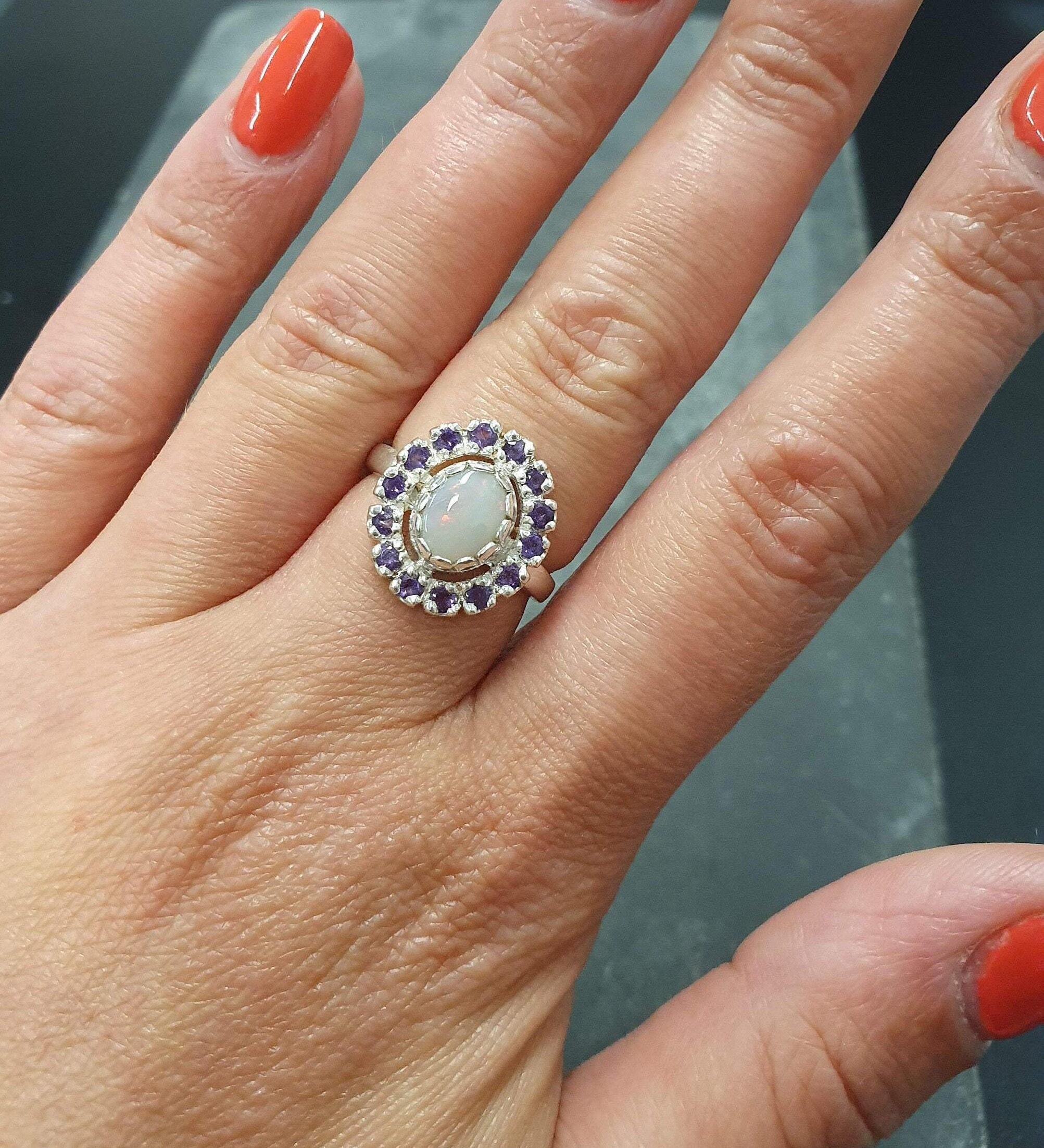 Victorian Opal Ring, Natural Precious Opal, Amethyst Ring, October Birthstone, February Birthstone, Silver Vintage Ring, Solid Silver Ring