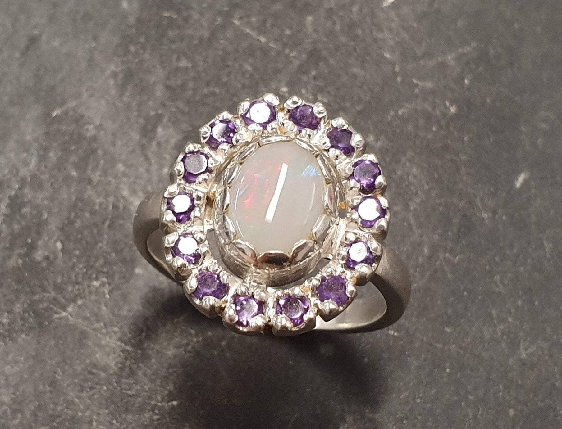 Victorian Opal Ring, Natural Precious Opal, Amethyst Ring, October Birthstone, February Birthstone, Silver Vintage Ring, Solid Silver Ring