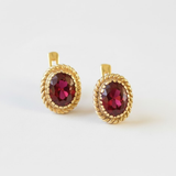 Chic Ruby Earrings crafted from 18k Gold Vermeil with Oval Created Red Ruby, a timeless gift for July birthdays and elegance.