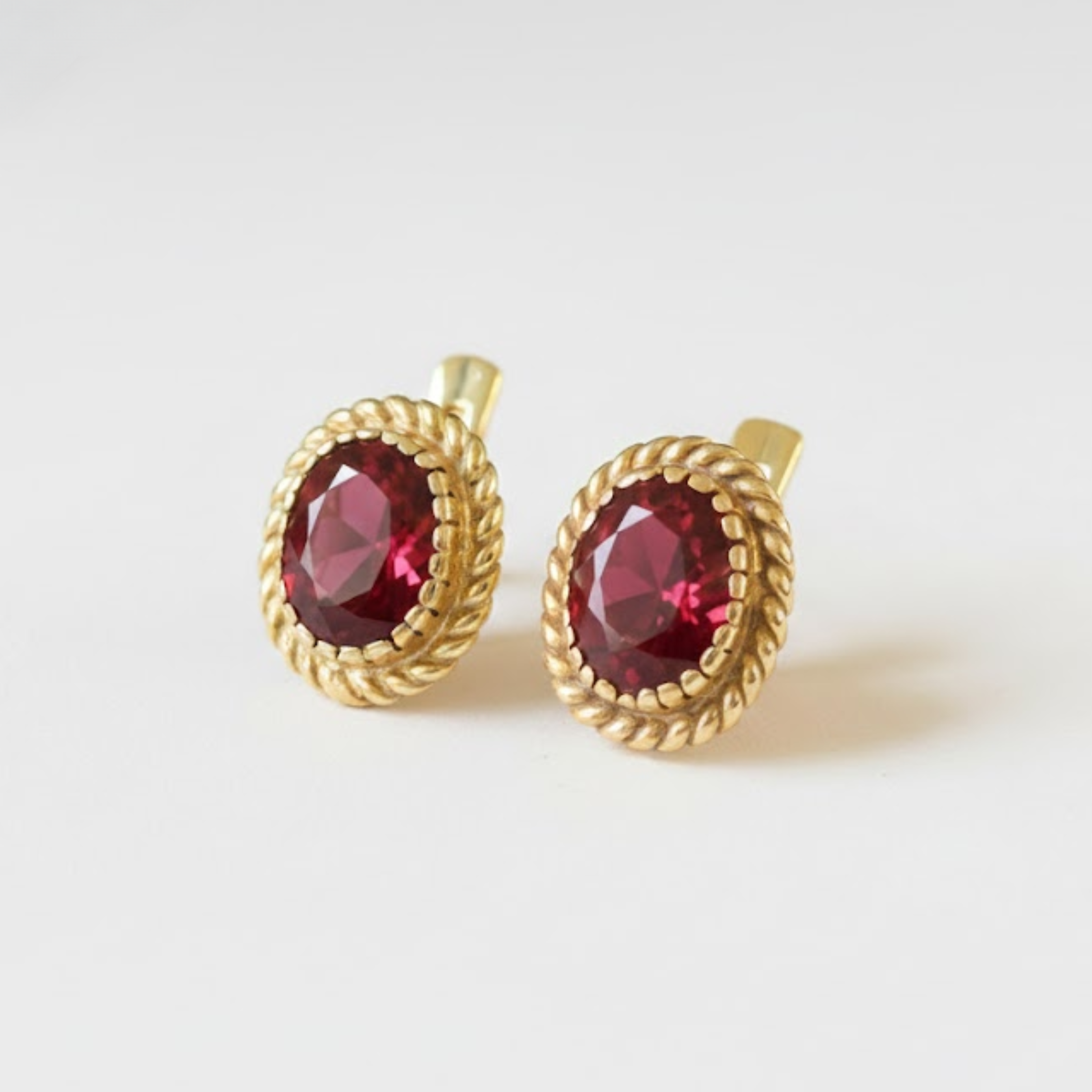 Created Ruby Earrings made in 18k Gold Vermeil with Oval Created Red Ruby in Solitaire setting, July Birthstone gift idea, symbolizes nobility, purity, and passion, ideal for everyday wear and perfect for birthday gifting and special occasions.
