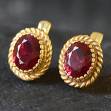 Victorian Ruby Earrings - Red Oval Studs, Gold Ruby Earrings