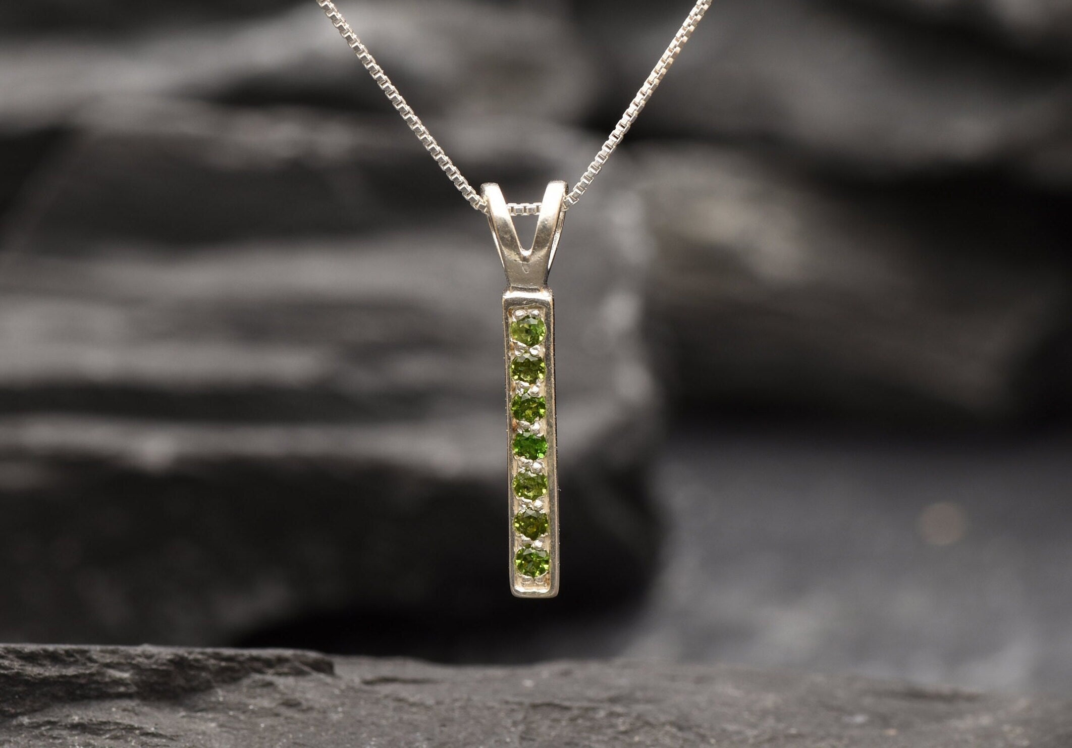 Green Bar Pendant, Chrome Diopside Necklace, Emerald Green Pendant, Layering Necklace, Line Pendant, Natural Diopside, Solid Silver Pendant